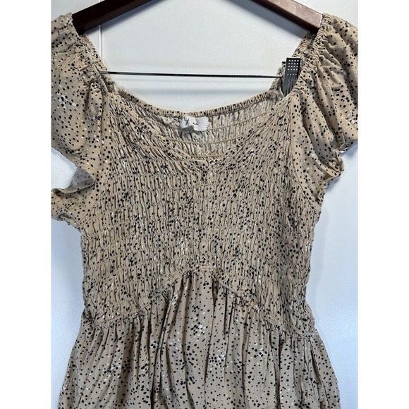 Japna Ruffled Sleeve Smocked Peplum Top, Beige and Black Polka Dot, Square Neck - Picture 4 of 7